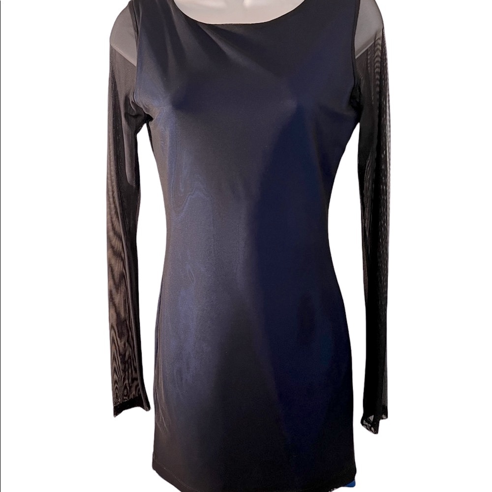 NAVY BLUE DRESS WITH BLACK CHIFFON OVERLAY/SHEER SLEEVES- GOLD BACK ZIPPER!